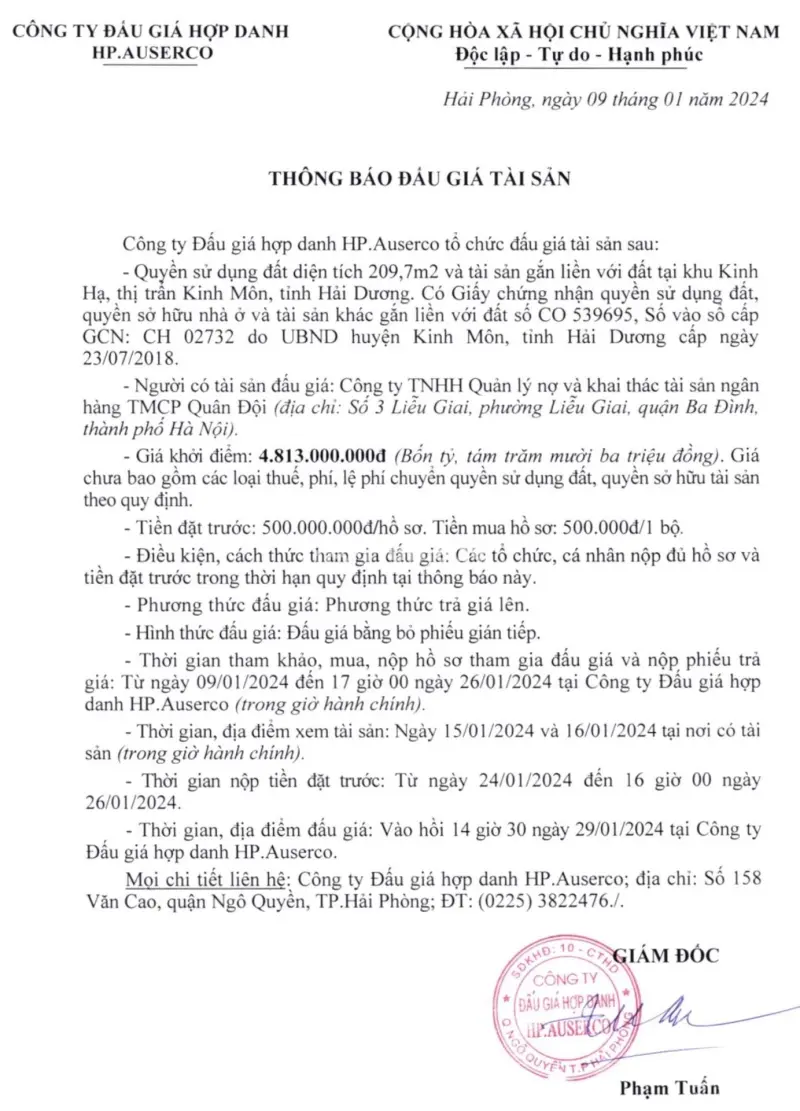 Ngân Hàng Quân Đội Bán Đấu Giá Thanh Lý Phát Mại Nhà Đất (Tài Sản Thế Chấp) Tại Hải Dương 4,813 Tỷ