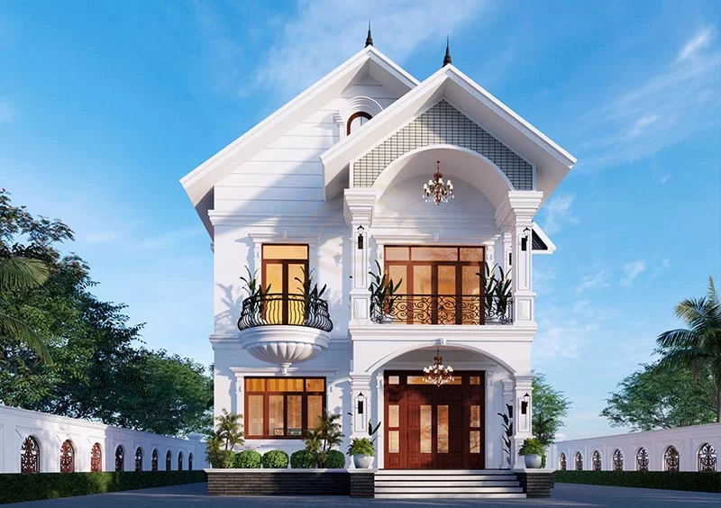 Mẫu số 3: Mẫu nhà mái Thái 2 tầng nổi bật với phong cách tân cổ điển sang trọng gam màu trắng. Chi phí xây dựng khoảng 1,8 - 2.1 tỷ.