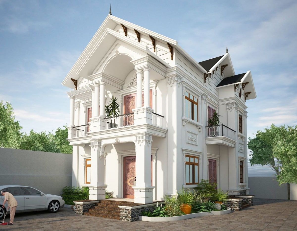 Mẫu số 1: Nhà mái thái 2 tầng sơn trắng, 5 bậc lên xuống. Mẫu này tầm khoảng 2 tỷ bạn đã có thể xây nó.
