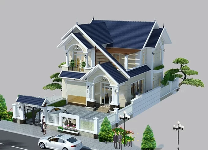 Mẫu số 10: Mẫu nhà mái Thái 2 tầng 2025 mang phong cách hiện đại kết hợp cổ điển, nổi bật với mái ngói xanh than sang trọng,
