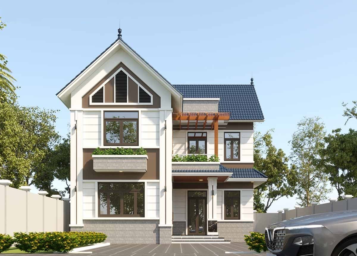Mẫu số 2: Nhà mái thái 2 tầng với hoạ tiết kẻ trên tường. Cửa chính bé và gồm cửa sổ cùng với cửa chính. Mức xây dựng tầm 1.8 tỷ - 2 tỷ.