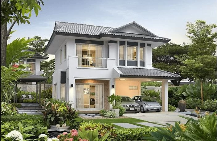 Mẫu số 7: Mẫu nhà mái Thái 2 tầng này mang nét đẹp tối giản, tinh tế và rất gần gũi với thiên nhiên. Với mức đầu tư khoảng 2,8 – 4 tỷ đồng,