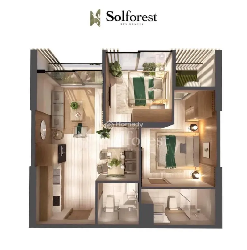 Bán 2 Ngủ 2 Vệ Sinh , Chung Cư Solforest Ecopark - 58M2 Sử Dụng , Hoàn Thiện Nội Thất