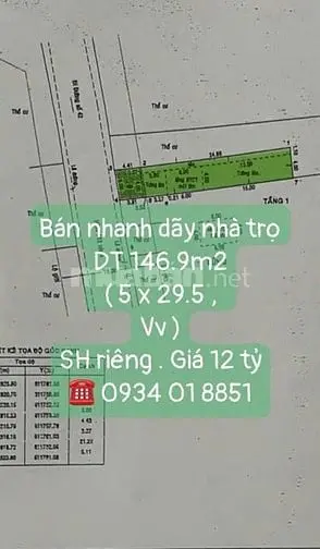 Bán Nhanh Dãy Nhà Trọ 7 Phòng , Dt 146.9M2 ( 5 X 29.4M )