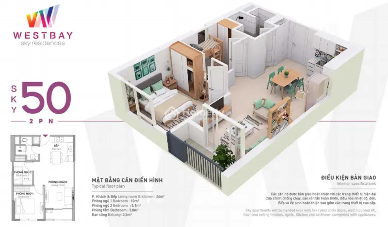 Giá Tốt - Bán 2 Ngủ 1 Vệ Sinh , 50M2 Sử Dụng - Chung Cư Westbay , Khu Đô Thị Ecopark