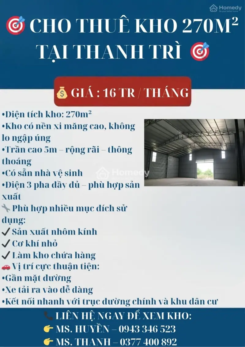 🏭 Cho Thuệ Kho 270M² Tại Thanh Trì - Giá Thuê 16Tr/Tháng