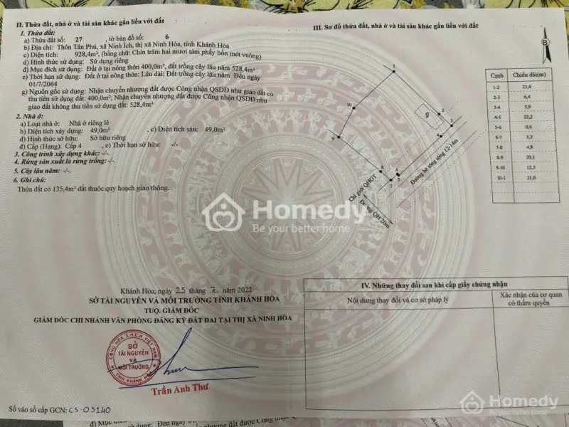 Bán Đất Tân Phú, Xã Nam Ninh Hoà, Khánh Hoà, Đường Bê Tông 2 Ô Tô Né Nhau Qh 20M