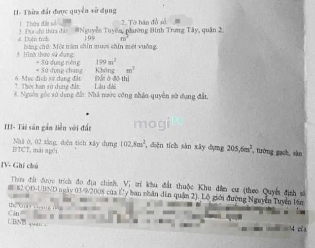 Bán Nhà Mặt Tiền Nguyễn Tuyển Quận 2 Nhà 2 Tầng Đất: 199M² Ngang 6M