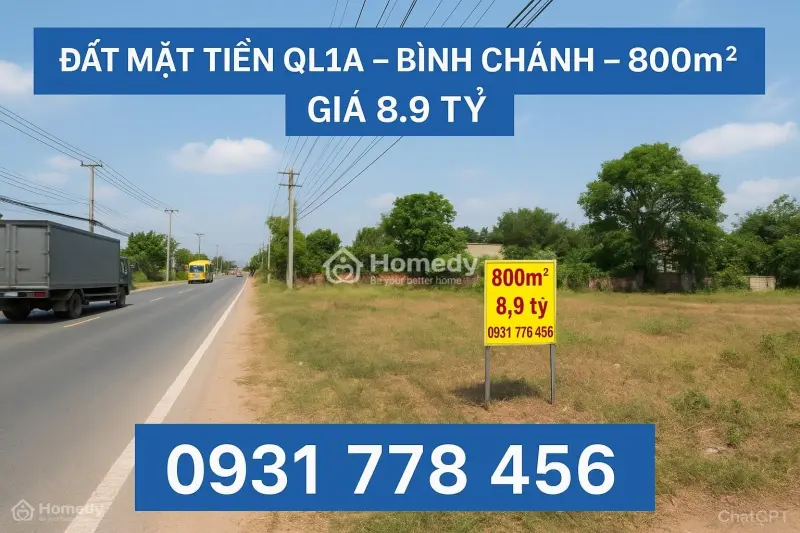 Bán Mảnh Đất Thổ Siêu Hot 800M2 Quốc Lộ 1A - Bình Lợi - Bình Chánh 8.9 Tỷ, Shr - Xd Tự Do