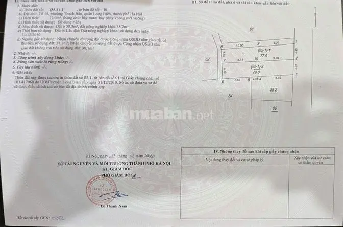 Bán Đất Thạch Bàn,78 M2 ( Đất Ở 38,3M2, Đất Nông Nghiệp Khác 38,7M)