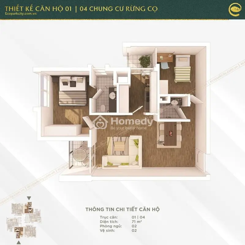 Bán Nhanh - Căn 71M2 , 2 Ngủ 2 Vệ Sinh ,Chung Cư Rừng Cọ Ecopark - Giá Chỉ 3 Tỷ 980