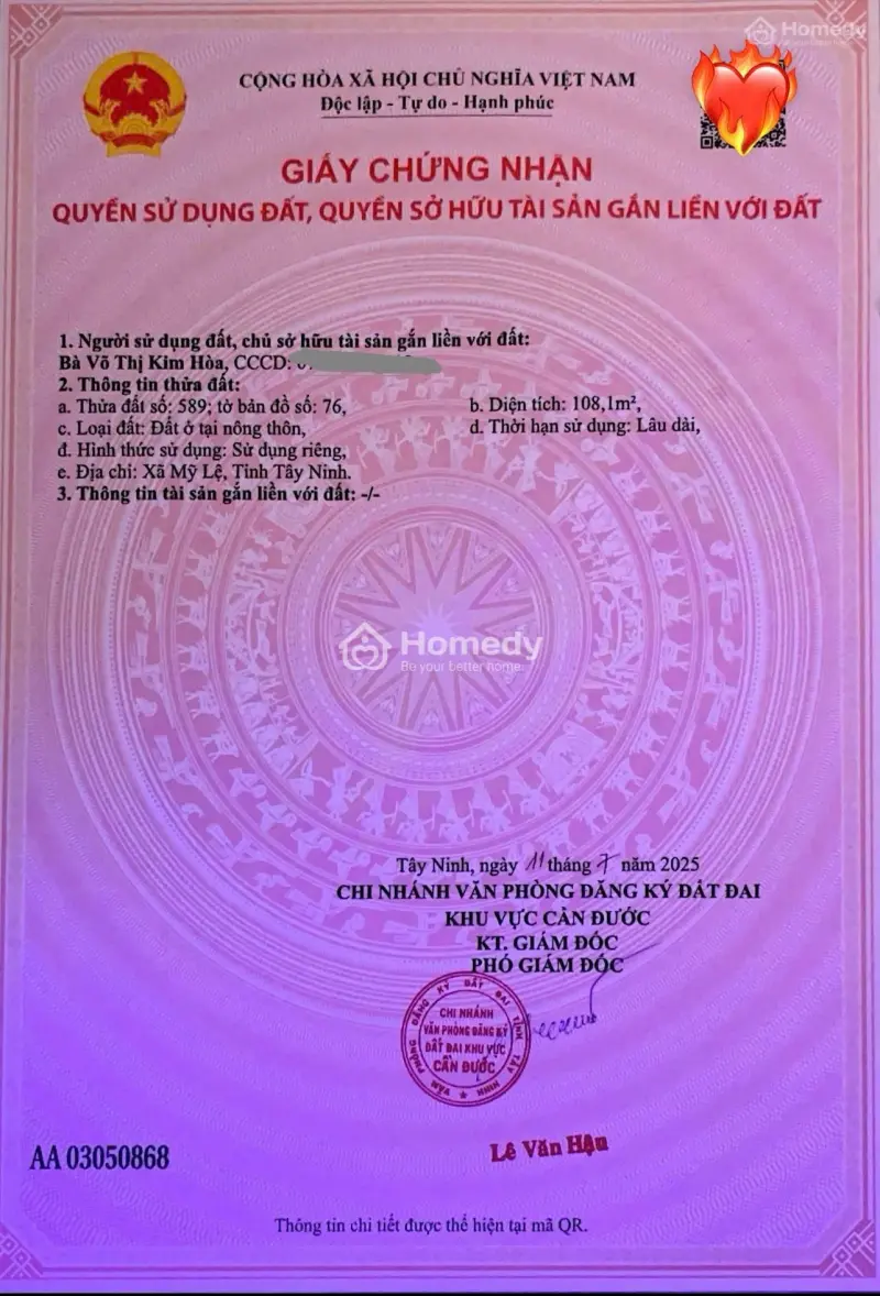 Đất Ở Nông Thôn 108,1 Mét Vuông Tại Xã Mỹ Lệ, Tỉnh Tây Ninh