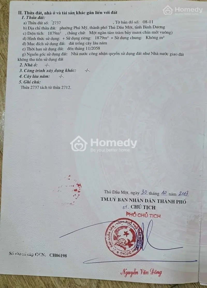Chính Chủ Bán Lô Đất 1.879M2, Phú Mỹ, Tdm, Phù Hợp Xây Khách Sạn, Biệt Thự. Sẵn Thổ Cư