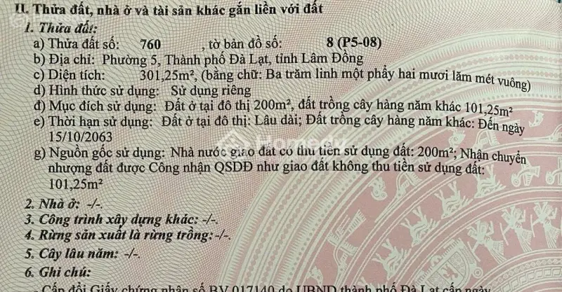Bán Đất Ở Đường Hoàng Văn Thụ, Diện Tích 301.25M2, Phường Cam Ly - Đà Lạt (Phường 5 Cũ), Lâm Đồng
