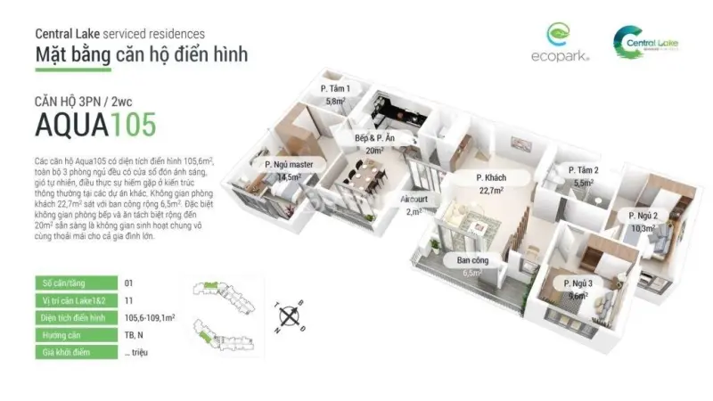 Hiếm - Bán 3 Ngủ , 105 M2 Sử Dụng, View Golf , Tòa Lake Aqua Bay Ecopark