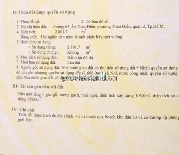 Bán Lô Đất Thảo Điền, Mt Đường Số 65, 2800M2 Đất, Ngang 45M, Sổ Hồng