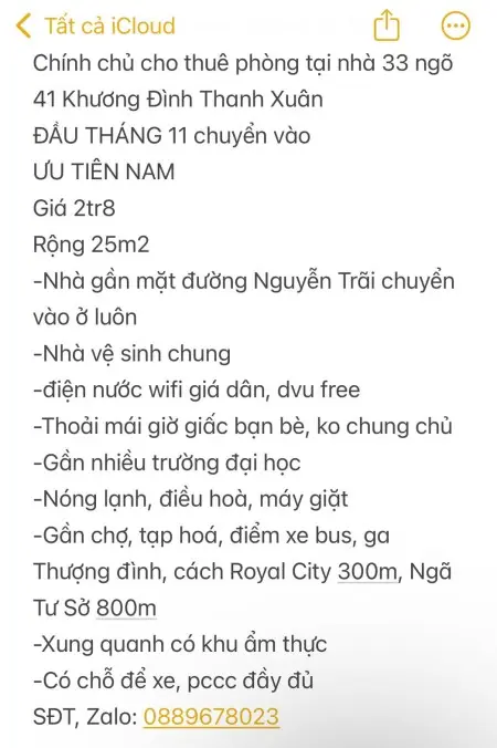 Chính Chủ Cho Thuê Phòng Tại Nhà 33 Ngõ 41 Khương Đình Thanh Xuân
