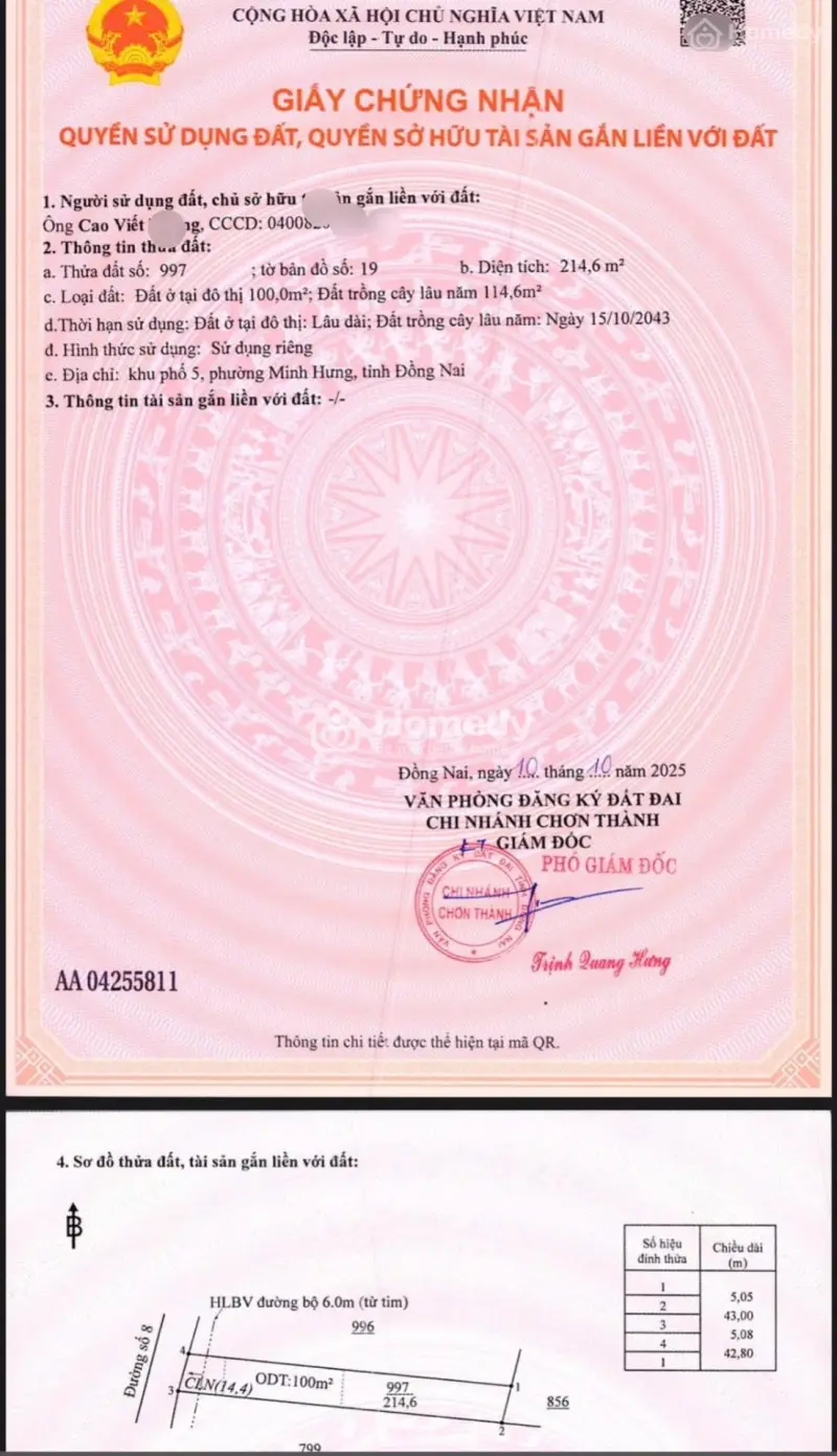 Bán Đất Đẹp Sát Bên Kcn Minh Hưng, Giá Siêu Hời 575 Triệu, 215M2