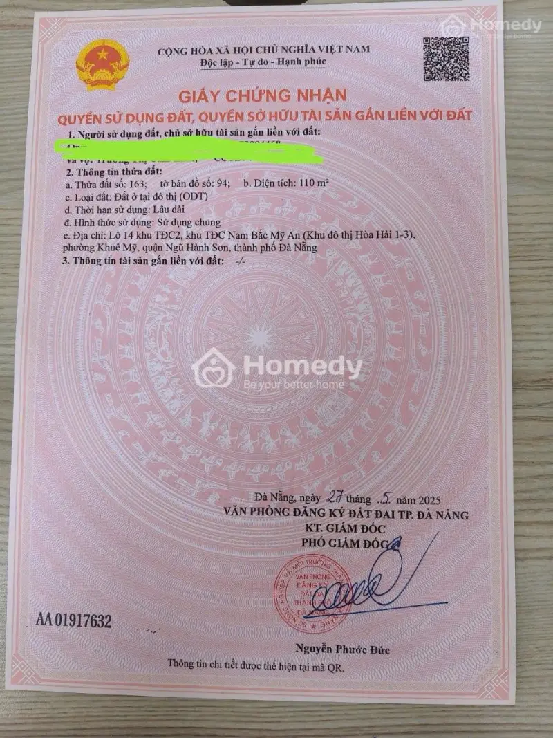 110M2/7,7 Tỷ Đường Vũ Duy Đoán 7,5M Lề 4,5 M, H: Tây, Sát Biển Son Thuỷ