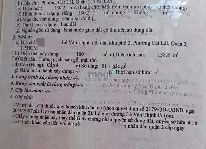 Bán Nhà Cấp 4 Mặt Tiền Đường Lê Văn Thịnh Quận 2 Dt 130,2M² Ngang 5,5M