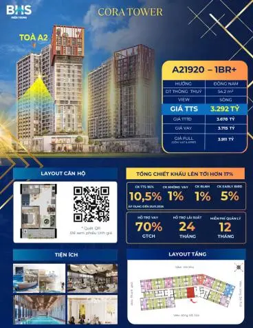 Bán Căn Hộ Cao Cấp Cora Tower A21920 1Pn+1 53.2M2 Hướng Đông Nam