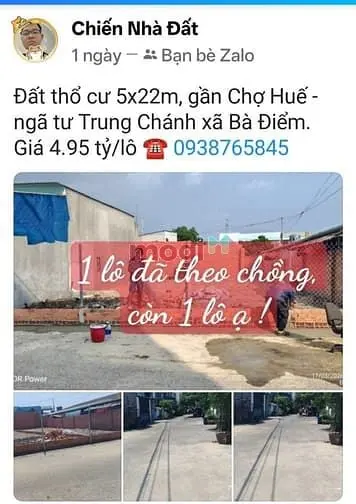 Đất Thổ Cư 5X22M, Gần Chợ Huế - Ngã Tư Trung Chánh Xã Bà Điểm.