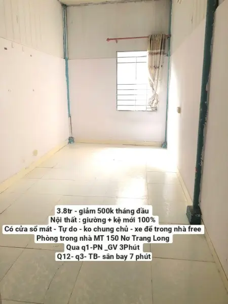 3.8 Triệu - Giảm 500K Tháng Đầu - Phòng Trong Nhà Mt 150 Nơ Trang Long, P14, Bình Thạnh